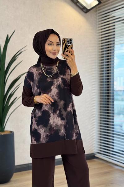 4004 Üst Batik Desenli Bluz Takım Kahve