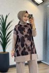 4004 Üst Batik Desenli Bluz Takım Bej