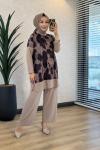 4004 Üst Batik Desenli Bluz Takım Bej
