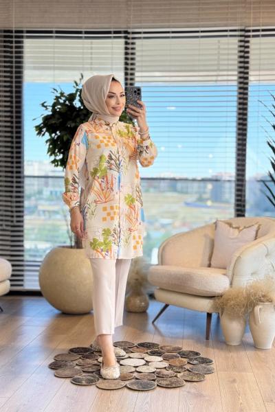 4006 Defne Gömlek Ekru Hardal