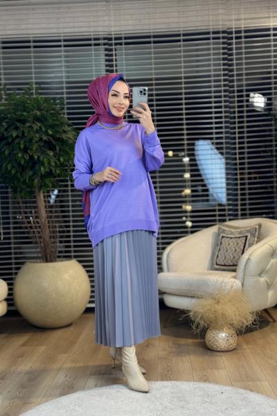 40408 Kolu Katlamalı Sıfır Yaka Triko Tunik Lila