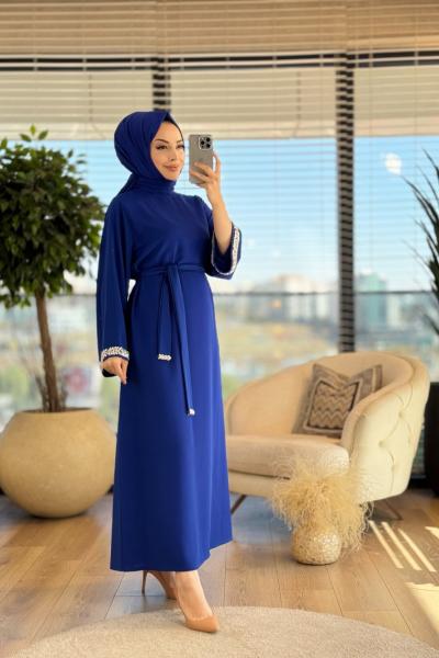 4068 Kolu Taşlı Elbise Saks