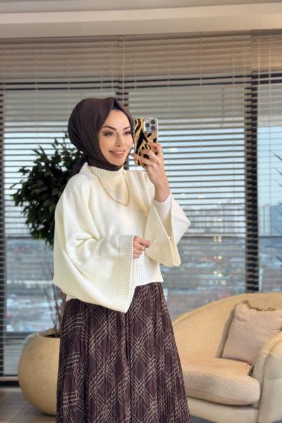 4073 Eteği Şifon Desenli Takım Ekru Kahve