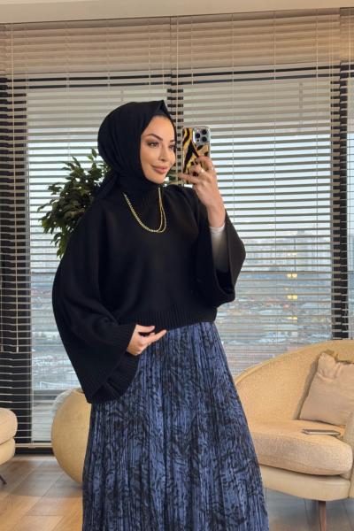 4073 Eteği Şifon Desenli Takım Siyah İndigo