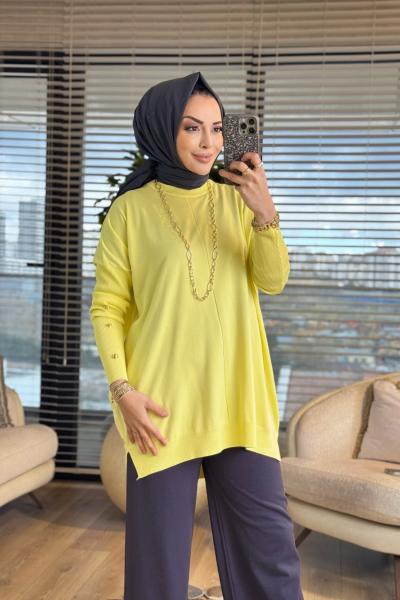 40741 Kolu Gold Düğmeli Triko Tunik Sarı