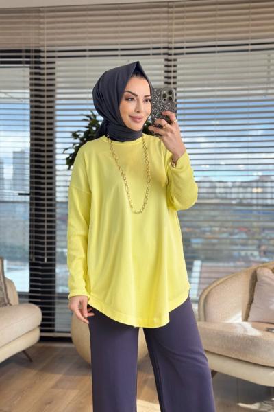 40972 Kolları Lastik Örgü Triko Tunik Sarı