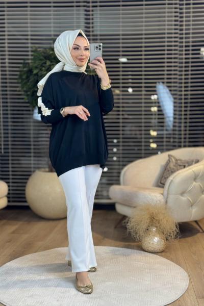 40994 Kolu Şerit Ve Düğme Detaylı Kazak Siyah