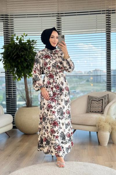 4135 Düşük Omuz Patlı Desenli Elbise Ekru Siyah