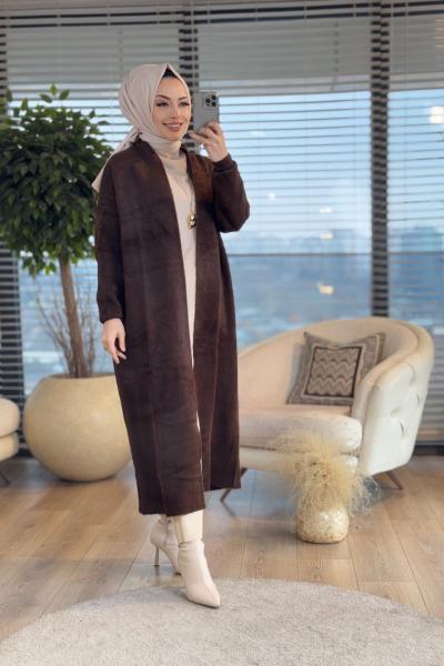 4142 Saçak Uzun Hırka Kahve