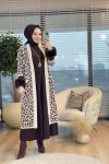 4143 Angora Leopar Desen Uzun Hırka Bej Kahve