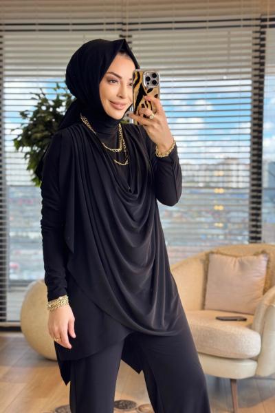 4201 Omzu Pileli Önü Dökümlü Sandy Takım Siyah