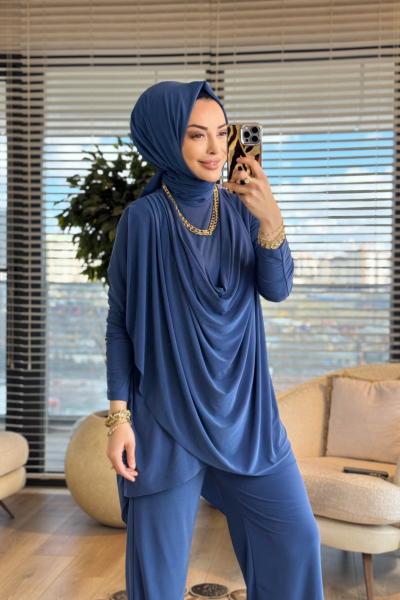 4201 Omzu Pileli Önü Dökümlü Sandy Takım İndigo