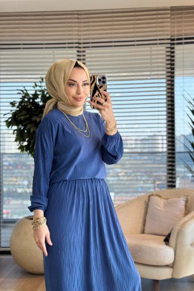 4209 Manolya Kraşlı Etekli Takım İndigo