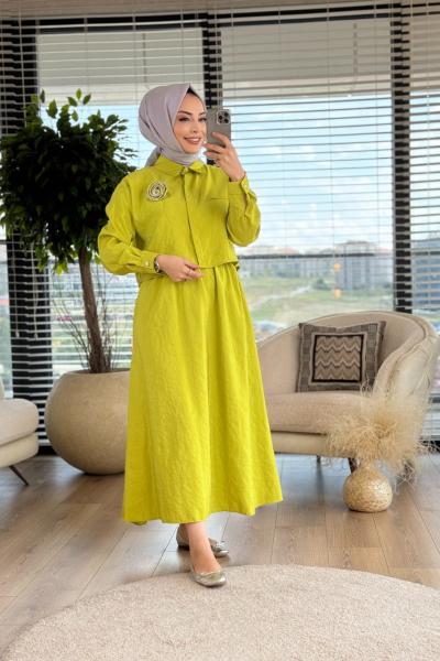 4266 Gül Broşlu Takım Yağ Yeşili