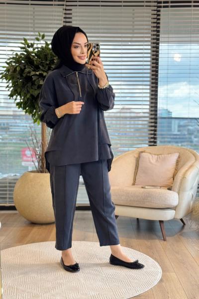 4300 Yaka Bağcık Patı Fermuarlı Tencel Takım Siyah