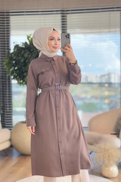 4368 Tencel Önden Düğmeli Uzun Tunik Vizon