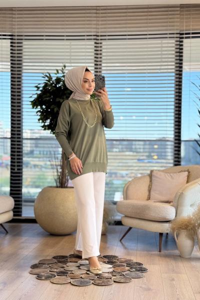 44016 Manşeti Çıtçıtlı Triko Tunik Çağla