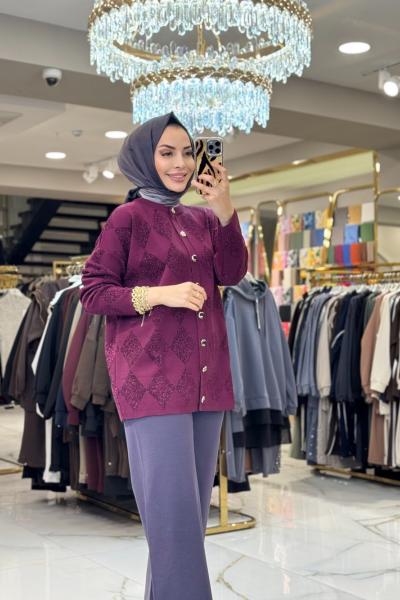 44191 Sim Baklavalı Desen Hırka Mor