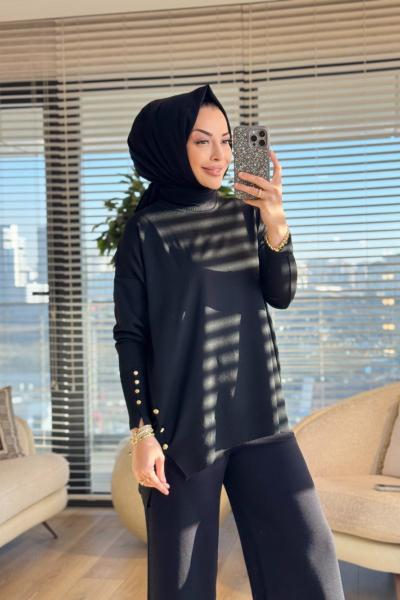 44197 Yan Ve Manşeti Düğmeli Triko Tunik Siyah