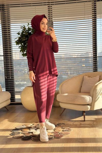 44197 Yan Ve Manşeti Düğmeli Triko Tunik Bordo