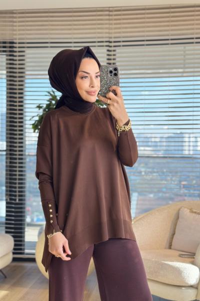 44197 Yan Ve Manşeti Düğmeli Triko Tunik Kahve