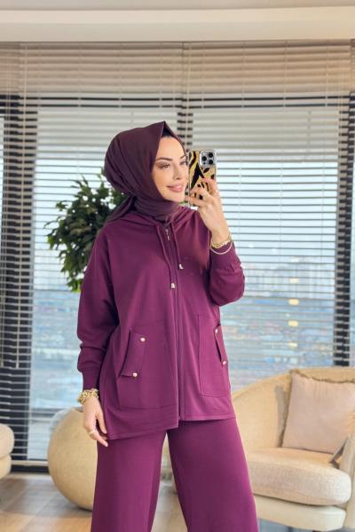 44226 Önü Cep Detaylı Kapşonlu Triko Takım Bordo