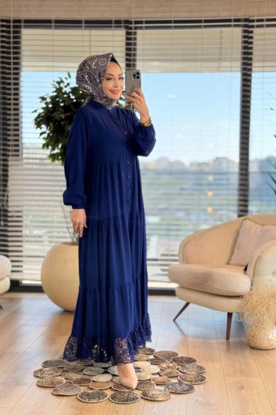 4423 Pat Kenarı Güpür Dantelli Elbise Lacivert