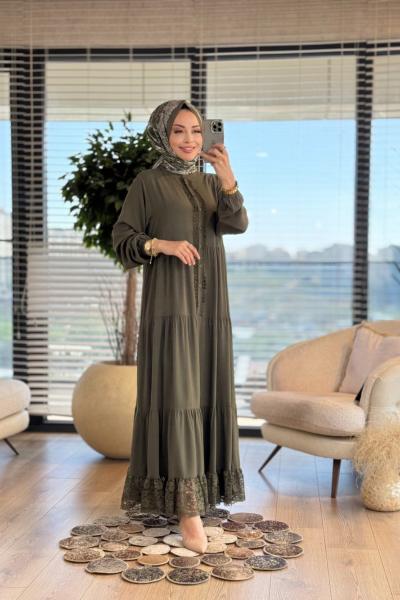 4423 Pat Kenarı Güpür Dantelli Elbise Haki