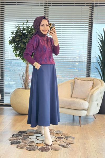 44251 Sim Baklava Desen Triko Kazak Mürdüm