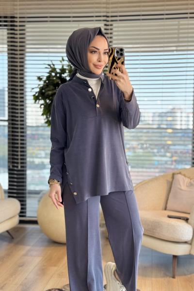 4437 Yanları Ve Patı Düğmeli Takım Lacivert