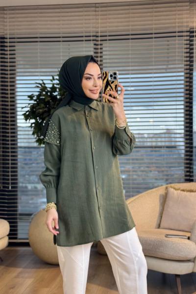 4442 Omuzları Taş ve Boncuk Detaylı Tunik Haki