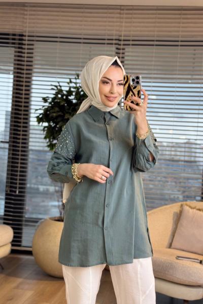 4442 Omuzları Taş ve Boncuk Detaylı Tunik Çağla