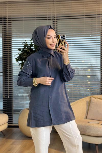 4442 Omuzları Taş ve Boncuk Detaylı Tunik Antrasit