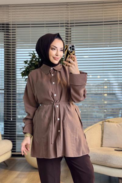 4468 Cepli Kolu Katlamalı Gömlek Vizon