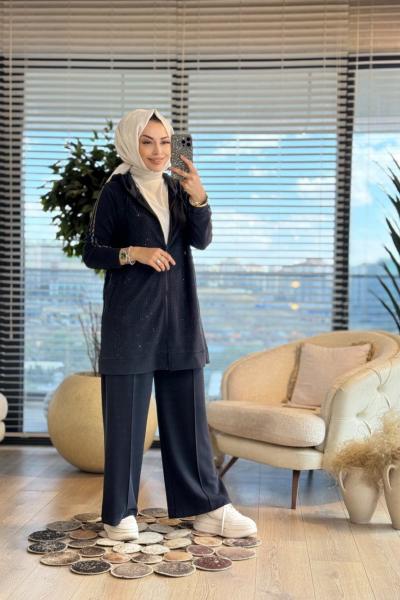 4598 Ön Kol Serpme Taş Baskılı Fermuarlı Takım Siyah