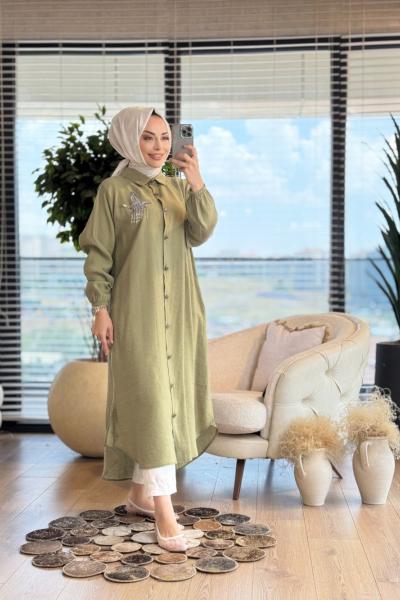 490 Sol Göğüs Kuş Broş İşli Uzun Tunik Haki