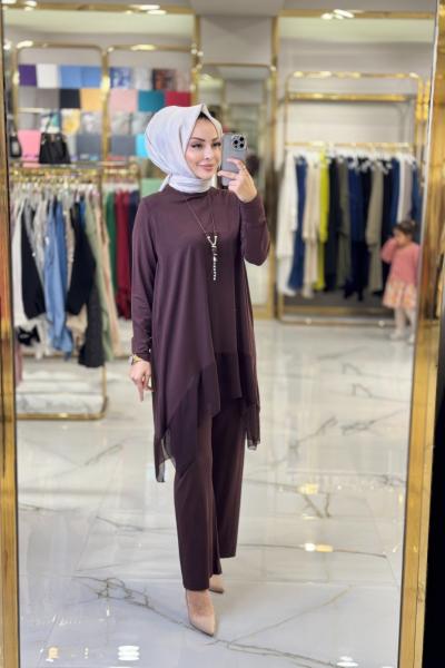 495 Evaze Şifon Detaylı Penye Takım Kahve