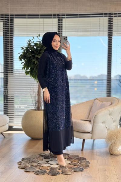 496 Ön Taşlı Simli Şifon Elbise Lacivert