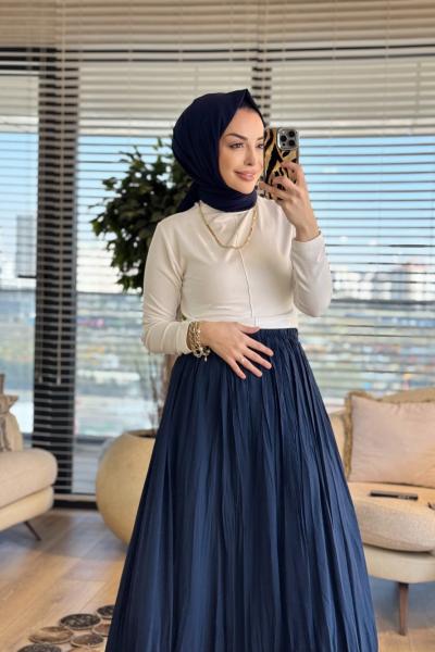 5004 Beli Lastikli Kırışık Etek Lacivert