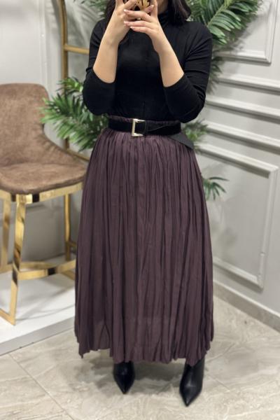 5004 Beli Lastikli Kırışık Etek Mürdüm