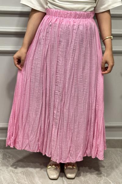 5004 Beli Lastikli Kırışık Etek Pembe