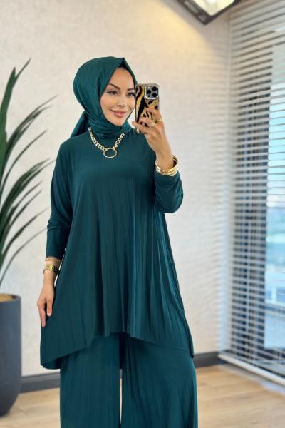 5005 Sandy Piliseli Pantolon Takım Zümrüt