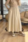 5036 Beli Lastikli Cepli Kırışık Etek Bej