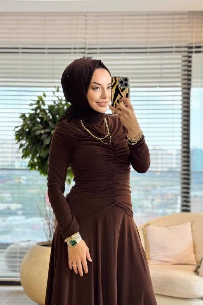 5184 Önü Drapeli Elbise Kahve
