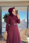 5280 Dantel Kemerli Elbise Bordo