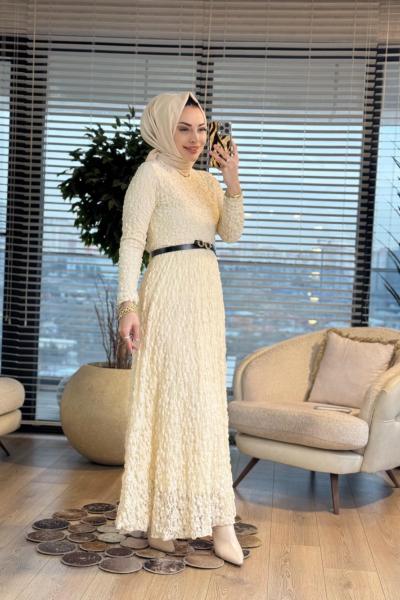 5280 Dantel Kemerli Elbise Bej