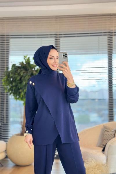 5352 Düğme Detaylı Takım Lacivert