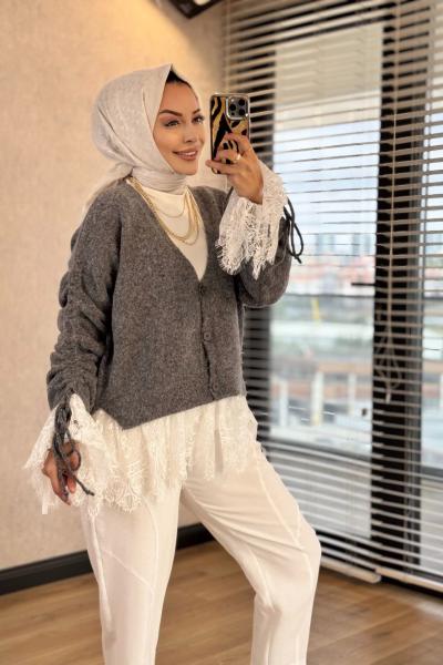 5402 Kolları Büzgülü Dantel Detaylı Hırka Antrasit