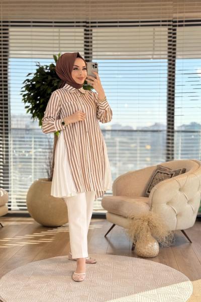 5500 Çizgili Yanları Fermuarlı Ve Piliseli Uzun Gömlek Latte