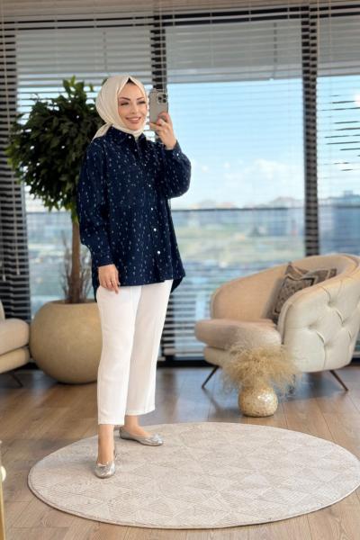 5563 Üstü Saçaklı Kot Gömlek Lacivert